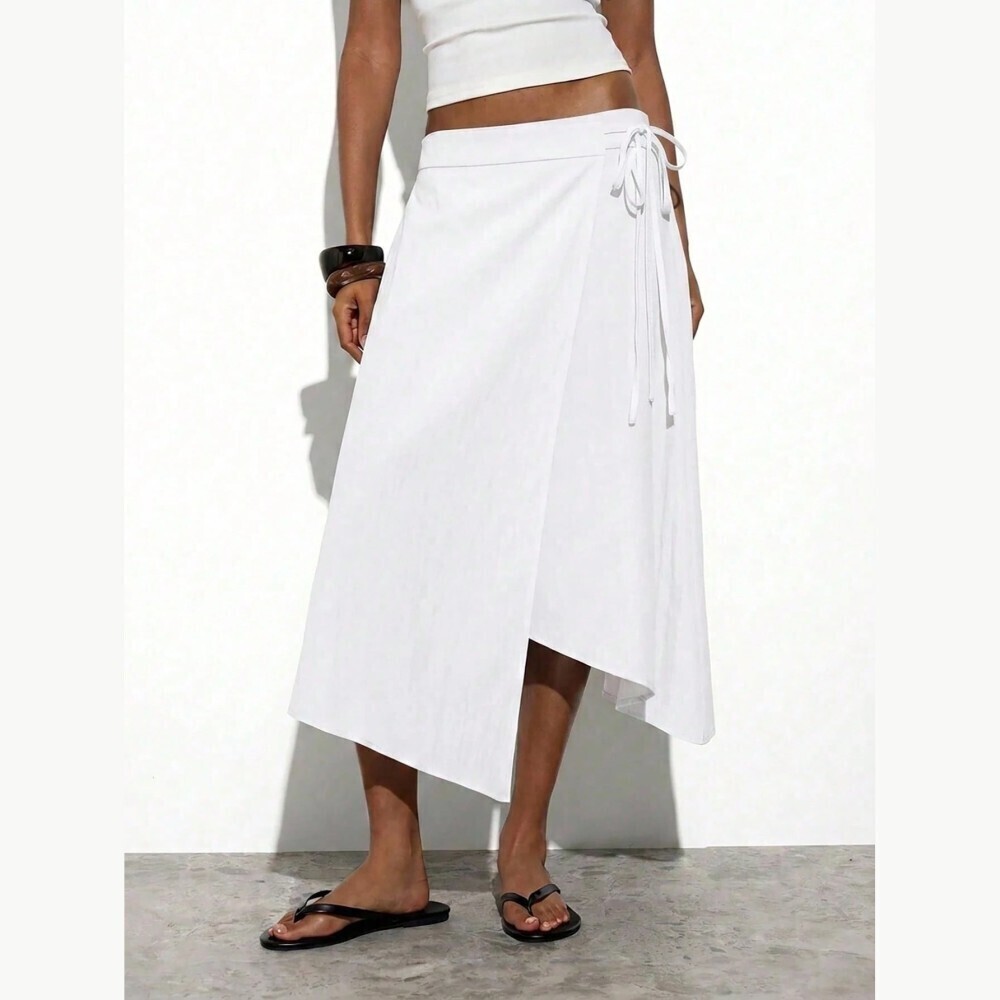 White Wrap Front Tie Waist Asymmetric Hem Midi Skirt